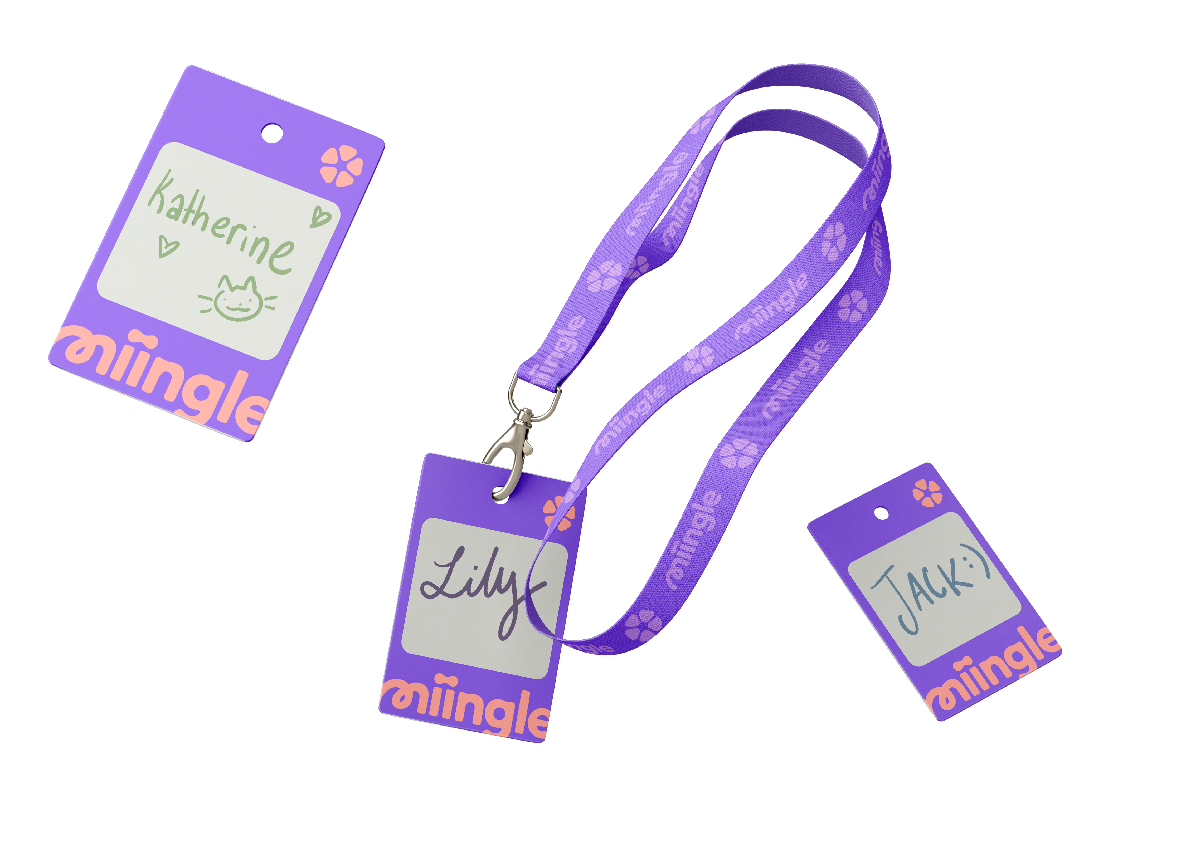 Miingle lanyards with written names Katherine, Lily, and Jack