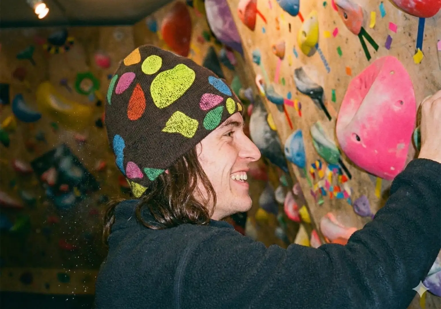 Three women doing a pull-up together in a climbing gym environment
