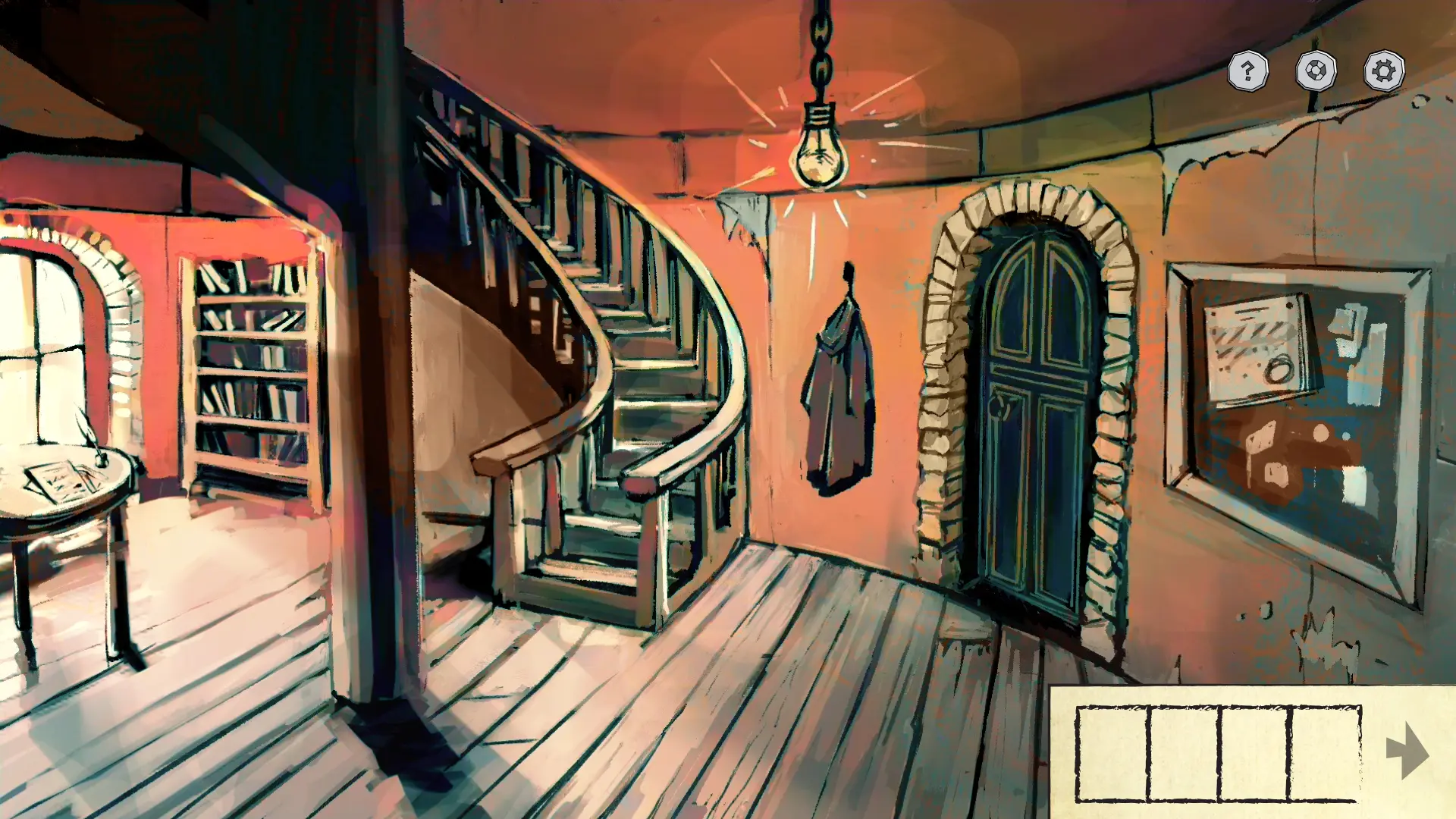 Cozy lighthouse room with staircase and door, game environment illustration from Sardine