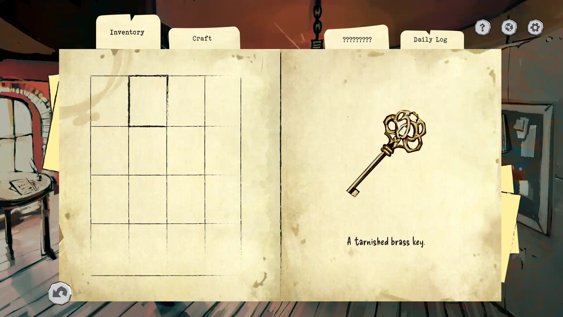 Tarnished brass key resting on notebook, interactive object in Sardine game